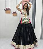 Women Black Traditional Gujarati Gamthi Embroidered Chaniya Choli Set