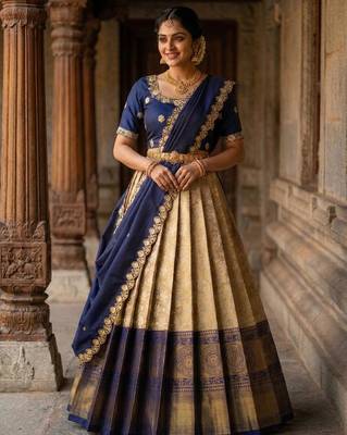 Beautiful South Indian Style Semi-Stitched Half Saree with Embroidery Work Blouse and Dupatta for Women 1