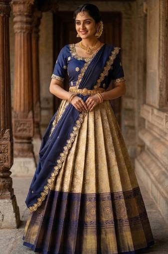 Beautiful South Indian Style Semi-Stitched Half Saree with Embroidery Work Blouse and Dupatta for Women