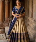 Beautiful South Indian Style Semi-Stitched Half Saree with Embroidery Work Blouse and Dupatta for Women