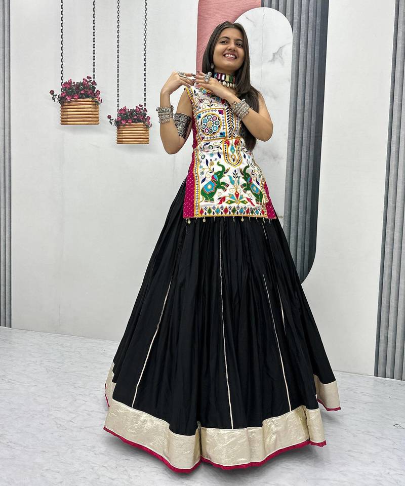 Women Black Traditional Gujarati Gamthi Embroidered Chaniya Choli Set
