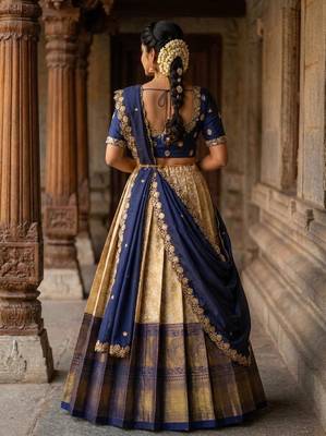 Beautiful South Indian Style Semi-Stitched Half Saree with Embroidery Work Blouse and Dupatta for Women 2