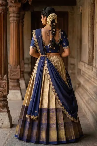 Beautiful South Indian Style Semi-Stitched Half Saree with Embroidery Work Blouse and Dupatta for Women