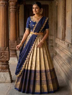 Beautiful South Indian Style Semi-Stitched Half Saree with Embroidery Work Blouse and Dupatta for Women 3