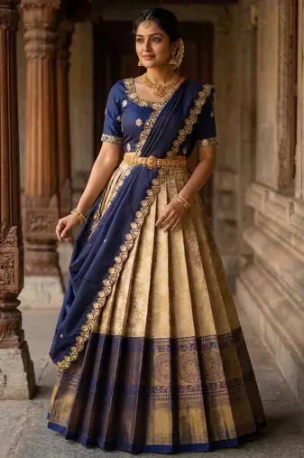 Beautiful South Indian Style Semi-Stitched Half Saree with Embroidery Work Blouse and Dupatta for Women