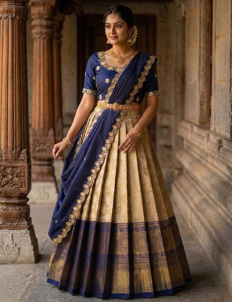 Beautiful South Indian Style Semi-Stitched Half Saree with Embroidery Work Blouse and Dupatta for Women