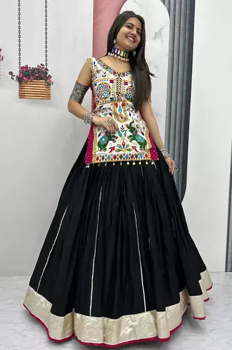 Women Black Traditional Gujarati Gamthi Embroidered Chaniya Choli Set