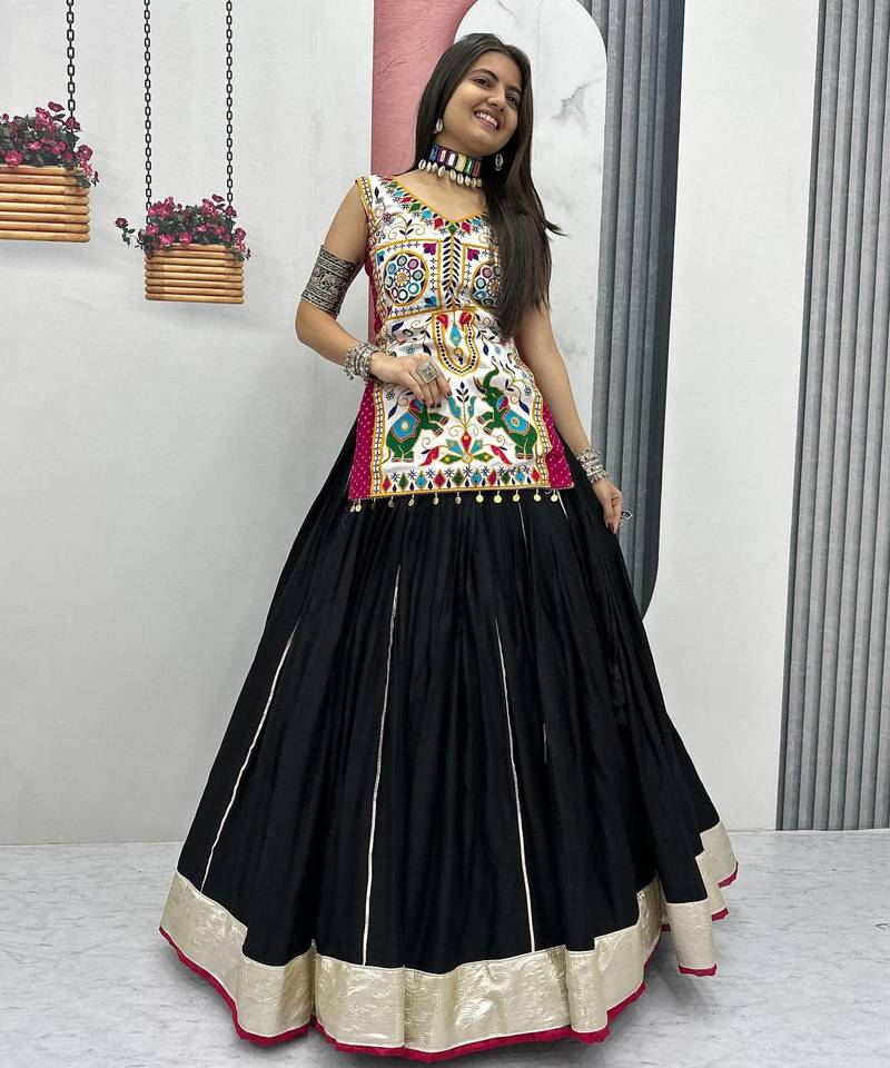 Women Black Traditional Gujarati Gamthi Embroidered Chaniya Choli Set