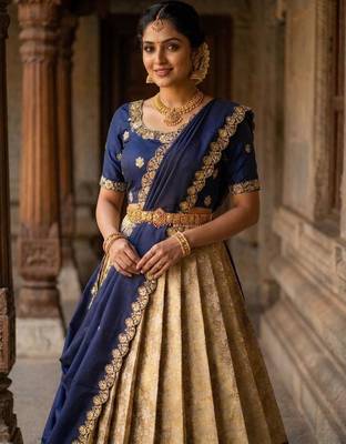 Beautiful South Indian Style Semi-Stitched Half Saree with Embroidery Work Blouse and Dupatta for Women 4
