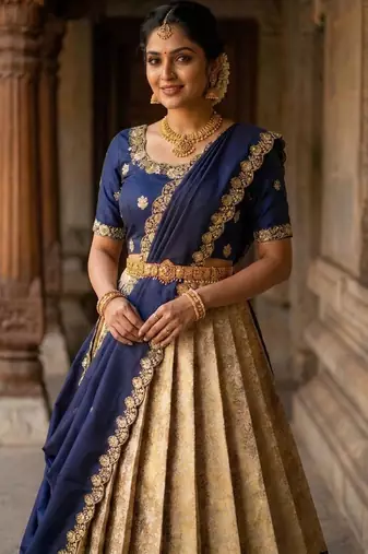 Beautiful South Indian Style Semi-Stitched Half Saree with Embroidery Work Blouse and Dupatta for Women