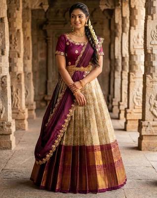 Beautiful South Indian Style Semi-Stitched Half Saree with Embroidery Work Blouse and Dupatta for Women 1