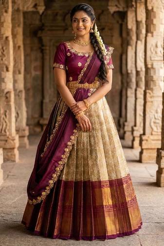 Beautiful South Indian Style Semi-Stitched Half Saree with Embroidery Work Blouse and Dupatta for Women