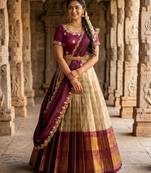 Beautiful South Indian Style Semi-Stitched Half Saree with Embroidery Work Blouse and Dupatta for Women