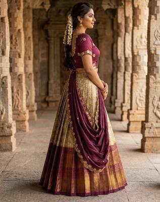 Beautiful South Indian Style Semi-Stitched Half Saree with Embroidery Work Blouse and Dupatta for Women 2