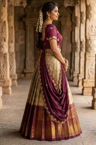 Beautiful South Indian Style Semi-Stitched Half Saree with Embroidery Work Blouse and Dupatta for Women