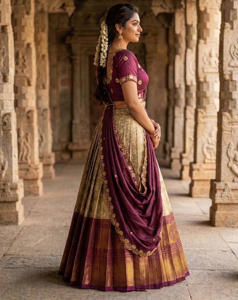 Beautiful South Indian Style Semi-Stitched Half Saree with Embroidery Work Blouse and Dupatta for Women