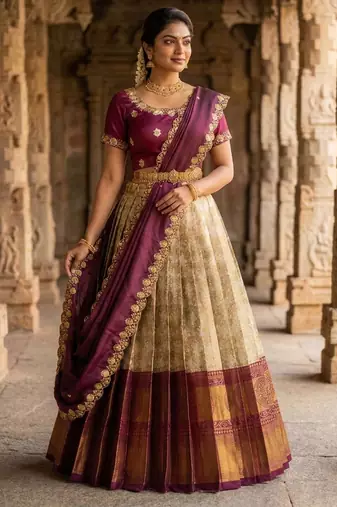 Beautiful South Indian Style Semi-Stitched Half Saree with Embroidery Work Blouse and Dupatta for Women