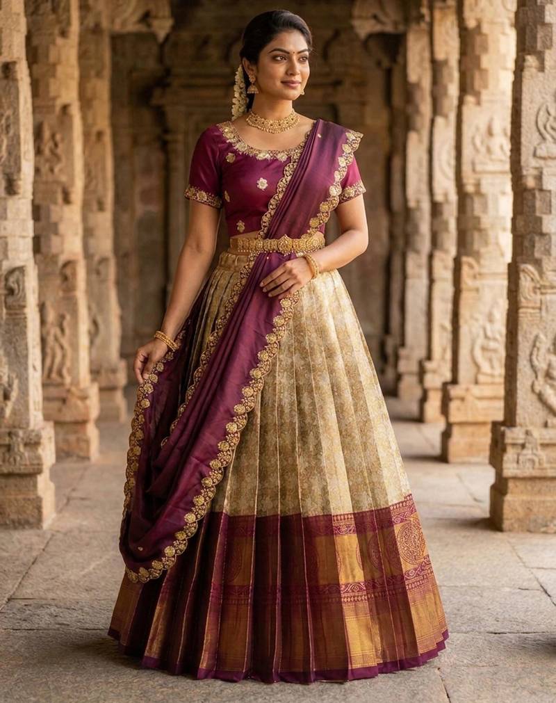 Beautiful South Indian Style Semi-Stitched Half Saree with Embroidery Work Blouse and Dupatta for Women