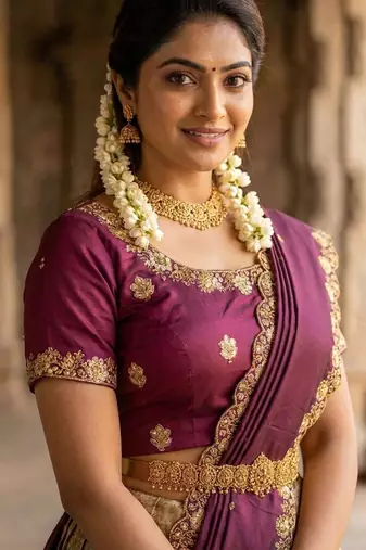 Beautiful South Indian Style Semi-Stitched Half Saree with Embroidery Work Blouse and Dupatta for Women