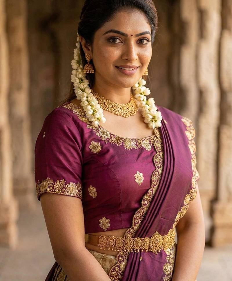 Beautiful South Indian Style Semi-Stitched Half Saree with Embroidery Work Blouse and Dupatta for Women