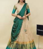 Beautiful South Indian Style Semi-Stitched Half Saree with  Blouse and Hand Work Dupatta for Women
