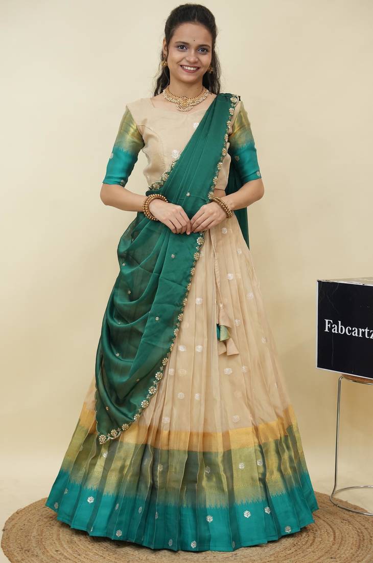 Beautiful South Indian Style Semi-Stitched Half Saree with  Blouse and Hand Work Dupatta for Women