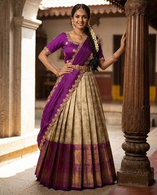 Beautiful South Indian Style Semi-Stitched Half Saree with Embroidery Work Blouse and Dupatta for Women 1