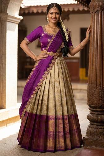 Beautiful South Indian Style Semi-Stitched Half Saree with Embroidery Work Blouse and Dupatta for Women