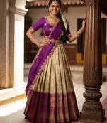 Beautiful South Indian Style Semi-Stitched Half Saree with Embroidery Work Blouse and Dupatta for Women