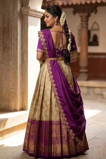 Beautiful South Indian Style Semi-Stitched Half Saree with Embroidery Work Blouse and Dupatta for Women