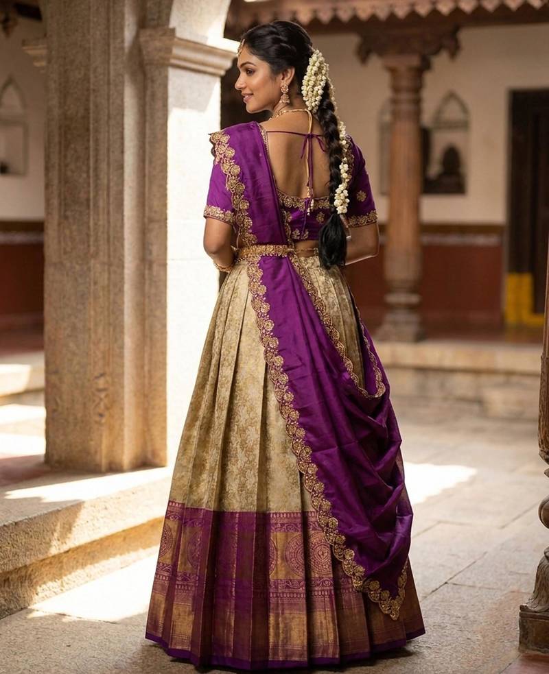 Beautiful South Indian Style Semi-Stitched Half Saree with Embroidery Work Blouse and Dupatta for Women