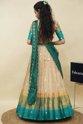 Beautiful South Indian Style Semi-Stitched Half Saree with  Blouse and Hand Work Dupatta for Women 2