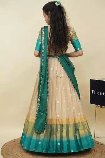 Beautiful South Indian Style Semi-Stitched Half Saree with  Blouse and Hand Work Dupatta for Women