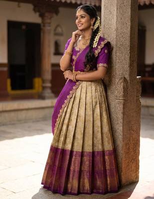 Beautiful South Indian Style Semi-Stitched Half Saree with Embroidery Work Blouse and Dupatta for Women 3