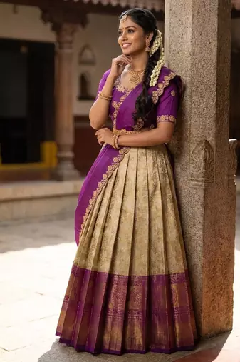 Beautiful South Indian Style Semi-Stitched Half Saree with Embroidery Work Blouse and Dupatta for Women