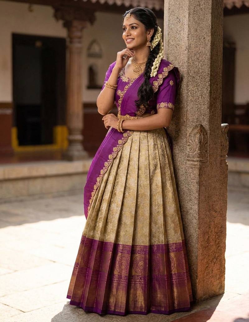 Beautiful South Indian Style Semi-Stitched Half Saree with Embroidery Work Blouse and Dupatta for Women