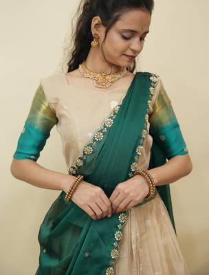 Beautiful South Indian Style Semi-Stitched Half Saree with  Blouse and Hand Work Dupatta for Women 3