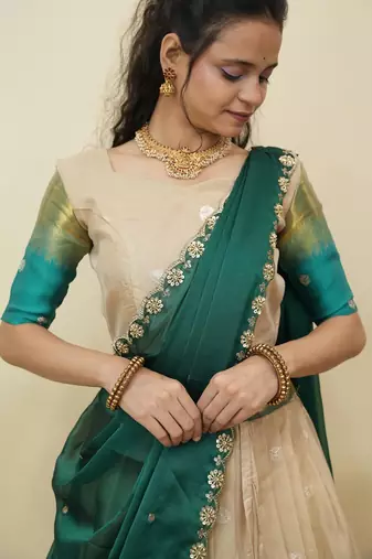 Beautiful South Indian Style Semi-Stitched Half Saree with  Blouse and Hand Work Dupatta for Women