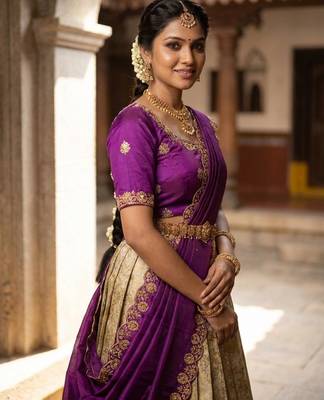 Beautiful South Indian Style Semi-Stitched Half Saree with Embroidery Work Blouse and Dupatta for Women 4