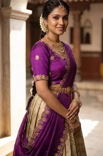 Beautiful South Indian Style Semi-Stitched Half Saree with Embroidery Work Blouse and Dupatta for Women