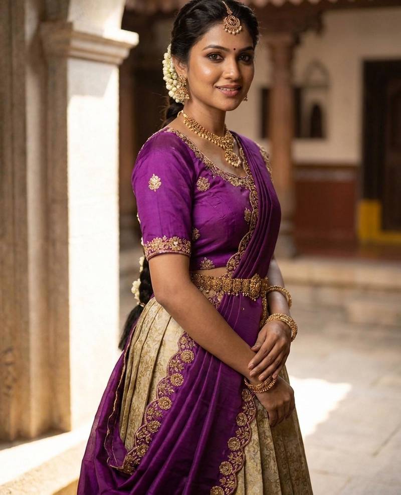 Beautiful South Indian Style Semi-Stitched Half Saree with Embroidery Work Blouse and Dupatta for Women