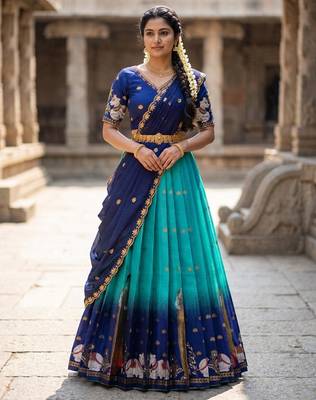 Beautiful South Indian Style Semi-Stitched Half Saree with Embroidery Work Blouse and Dupatta for Women 1