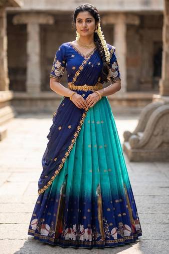 Beautiful South Indian Style Semi-Stitched Half Saree with Embroidery Work Blouse and Dupatta for Women