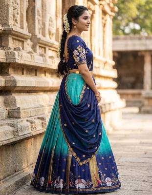 Beautiful South Indian Style Semi-Stitched Half Saree with Embroidery Work Blouse and Dupatta for Women 2