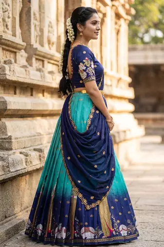 Beautiful South Indian Style Semi-Stitched Half Saree with Embroidery Work Blouse and Dupatta for Women