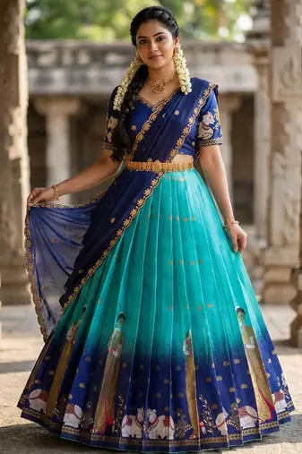 Beautiful South Indian Style Semi-Stitched Half Saree with Embroidery Work Blouse and Dupatta for Women