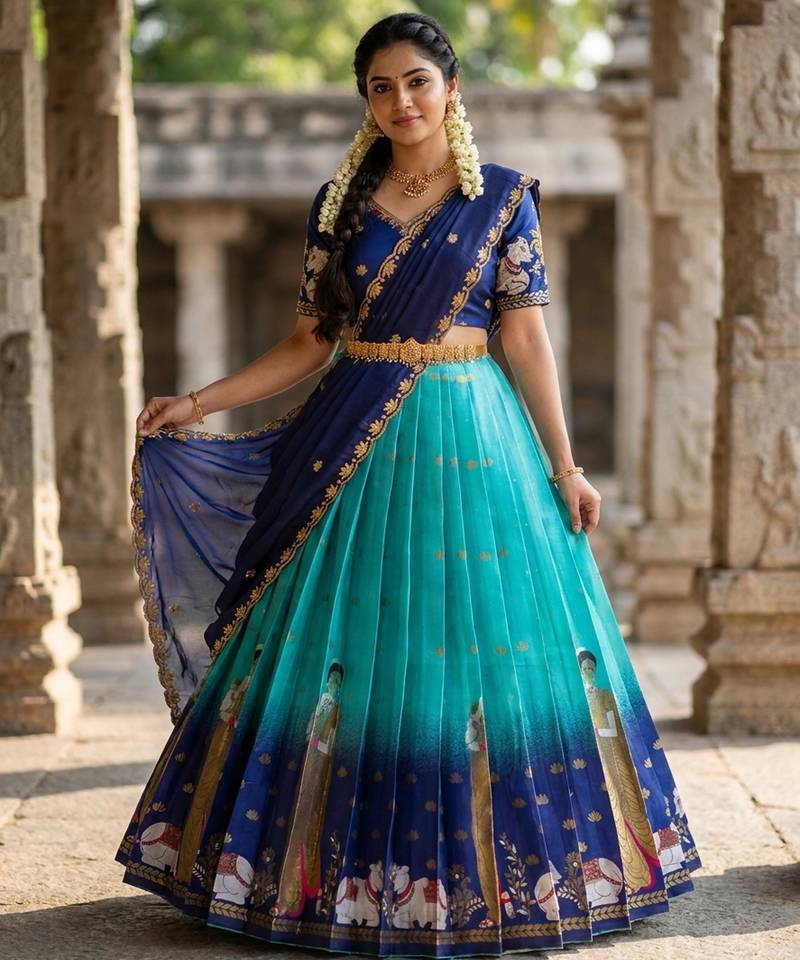 Beautiful South Indian Style Semi-Stitched Half Saree with Embroidery Work Blouse and Dupatta for Women