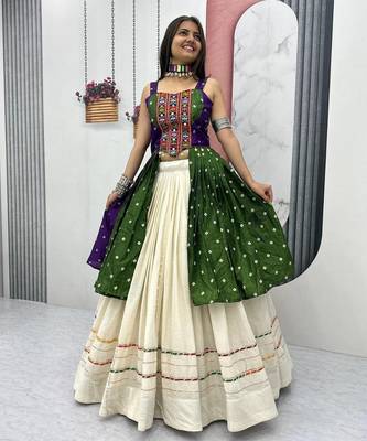 Green Khadi Cotton Mirror Work Navratri Wear Readymade Lehenga Choli 1