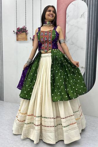 Green Khadi Cotton Mirror Work Navratri Wear Readymade Lehenga Choli