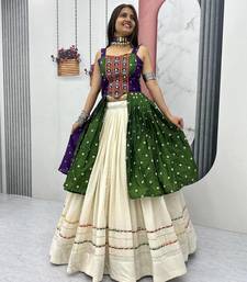 Green Khadi Cotton Mirror Work Navratri Wear Readymade Lehenga Choli